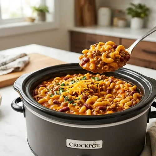 5‑Ingredient Crockpot Cheesy Chili Mac