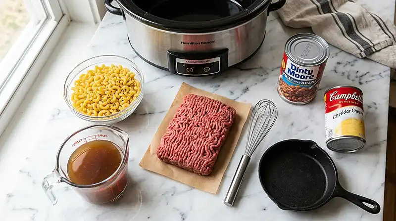 5‑Ingredient Crockpot Cheesy Chili Mac Ingredients