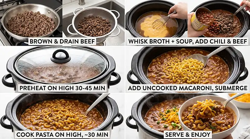 5‑Ingredient Crockpot Cheesy Chili Mac Instructions