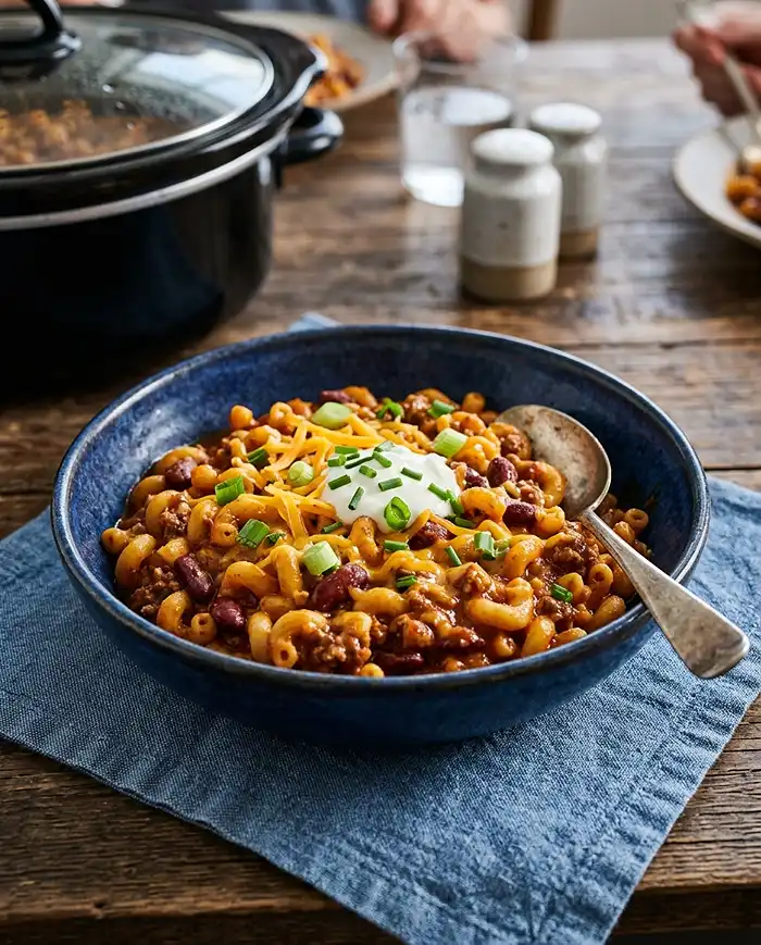 5‑Ingredient Crockpot Cheesy Chili Mac Recipe