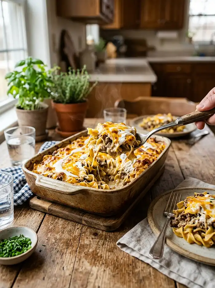 Cheesy Sour Cream & Onion Beef Noodle Bake
