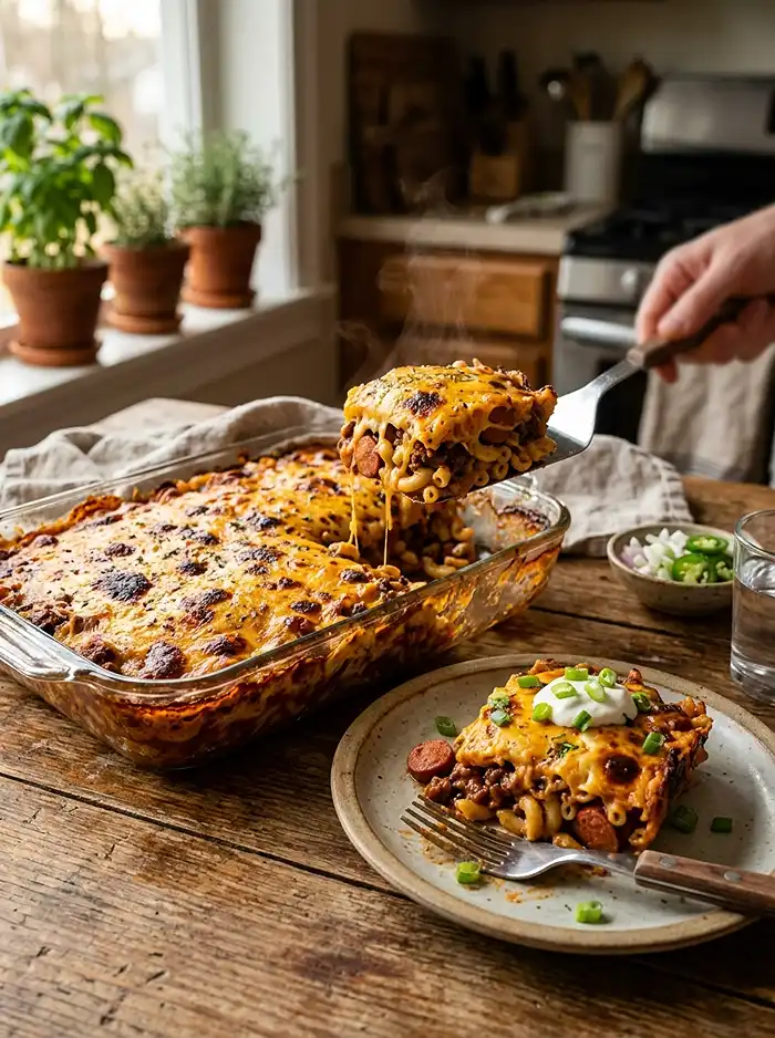 Creamy Chili Cheese Dog Bake