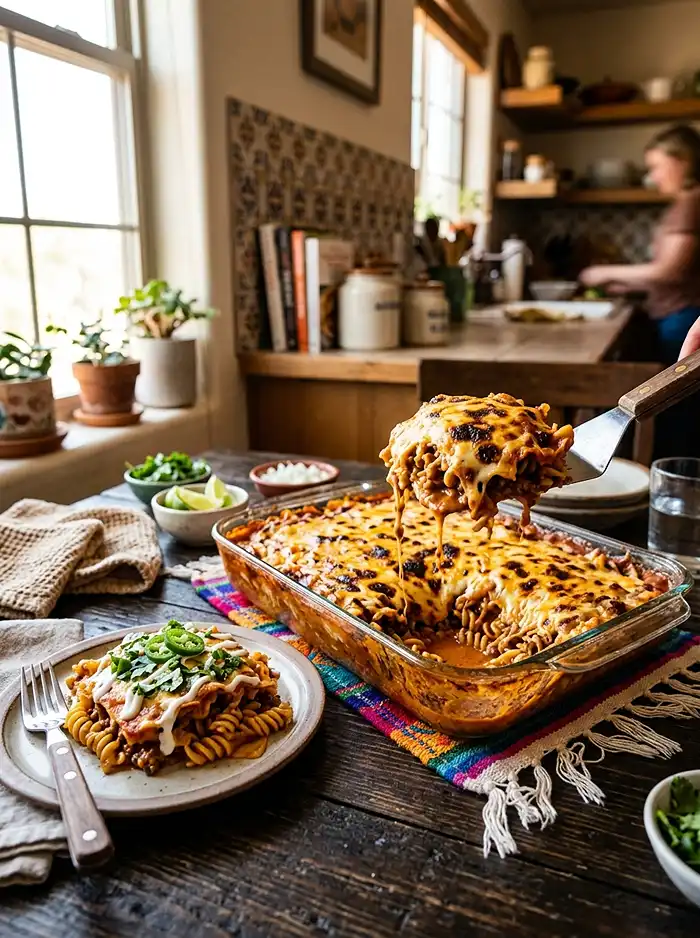 Creamy Enchilada Beef & Noodle Bake