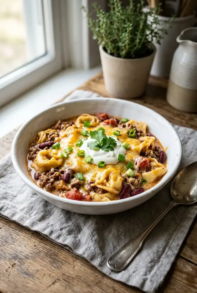 Crockpot Cheesy Chili Mac Tortellini