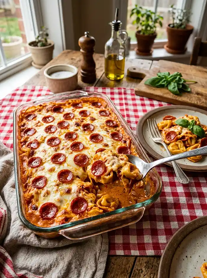 5-Ingredient Dump-and-Bake Pizza Tortellini Casserole 5 Dump-and-Bake Pizza Tortellini Casserole