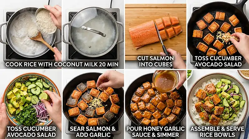 Honey Garlic Salmon Rice Bowls 3 Honey Garlic Salmon Rice Bowls Instructions