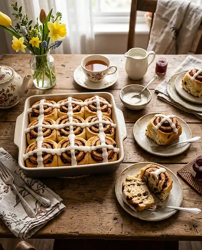 Hot Cross Bun Cinnamon Roll Bake 5 Hot Cross Bun Cinnamon Roll Bake Dish