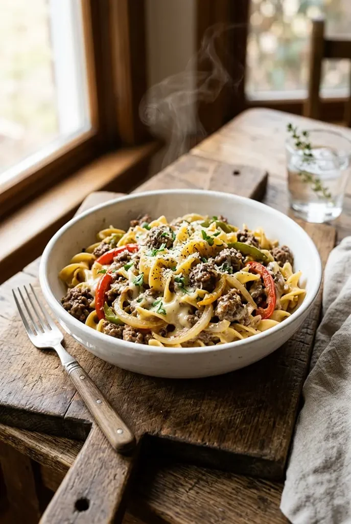 5-Ingredient One-Pot Philly Cheesesteak Noodle Skillet 4 One-Pot Philly Cheesesteak Noodle Skillet