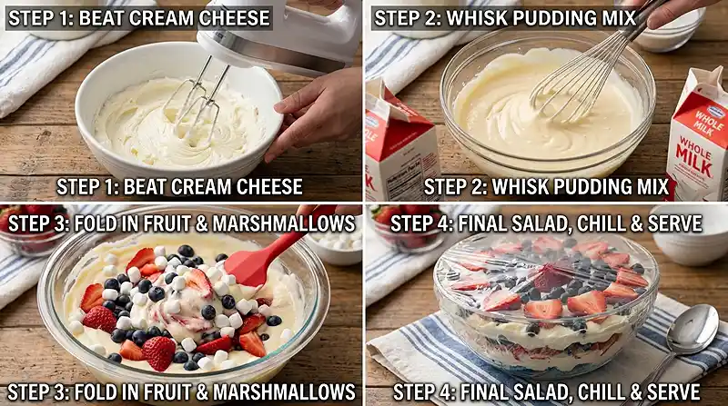Red White & Blue Cheesecake Salad 3 Red White & Blue Cheesecake Salad Instructions
