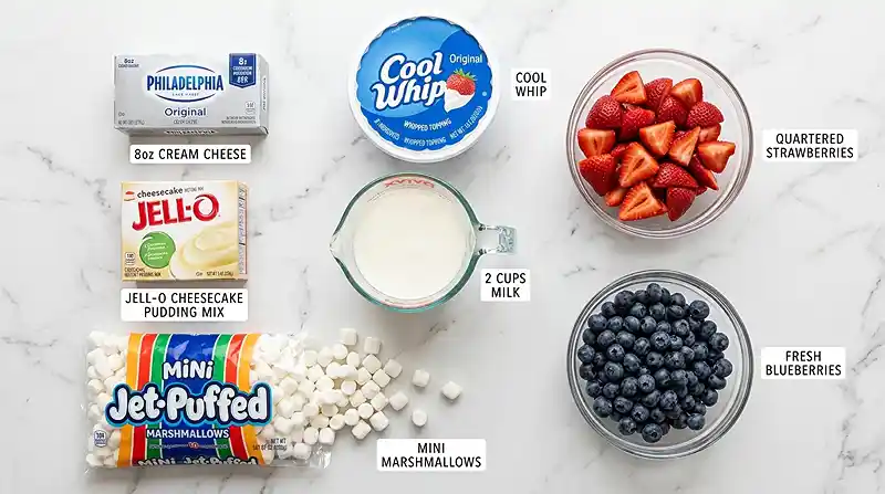 Red White & Blue Cheesecake Salad 2 Red White & Blue Cheesecake Salad ingredients