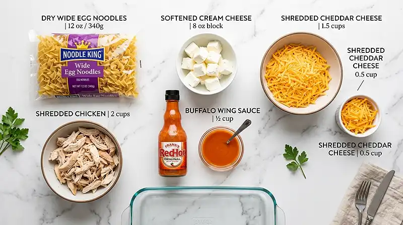 5-Ingredient Cheesy Buffalo Chicken Noodle Bake 2 5-Ingredient Cheesy Buffalo Chicken Noodle Bake Ingredients