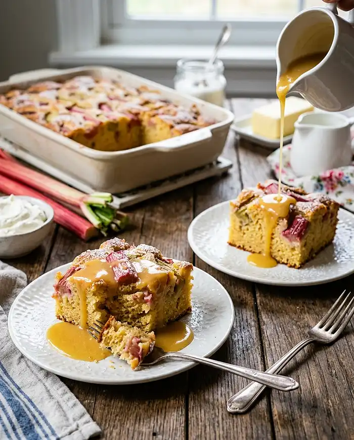Delicious Rhubarb Cake with Dreamy Butter Sauce 4 Delicious Rhubarb Cake Recipe