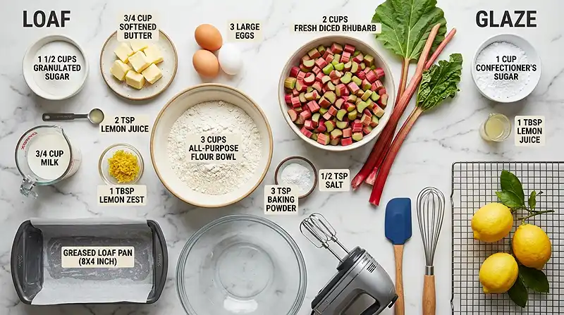 Lemon Rhubarb Loaf with Glaze ingredients