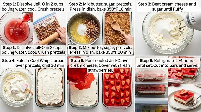 Strawberry Pretzel Salad Bars 3 Strawberry Pretzel Salad Bars Instructions