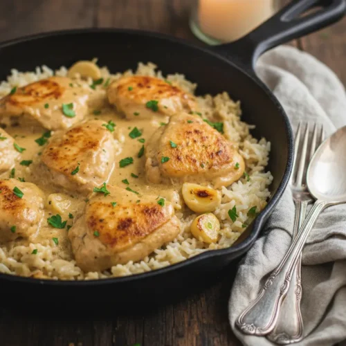 Final plated dish of Creamy Garlic Chicken and Rice Skillet