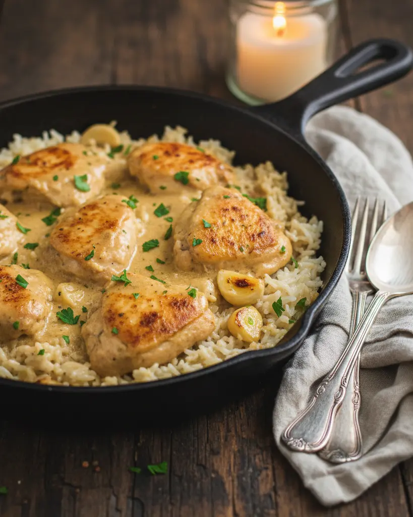 Creamy Garlic Chicken and Rice Skillet final plated dish