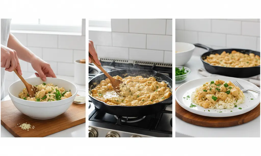 Creamy Garlic Chicken and Rice Skillet cooking process