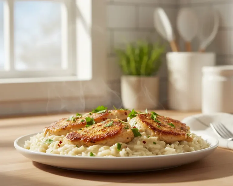 Beautiful plated Creamy Garlic Chicken and Rice Skillet