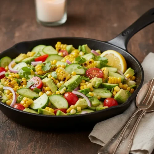 Cucumber Avocado Corn Salad 4 Final plated dish of Cucumber Avocado Corn Salad