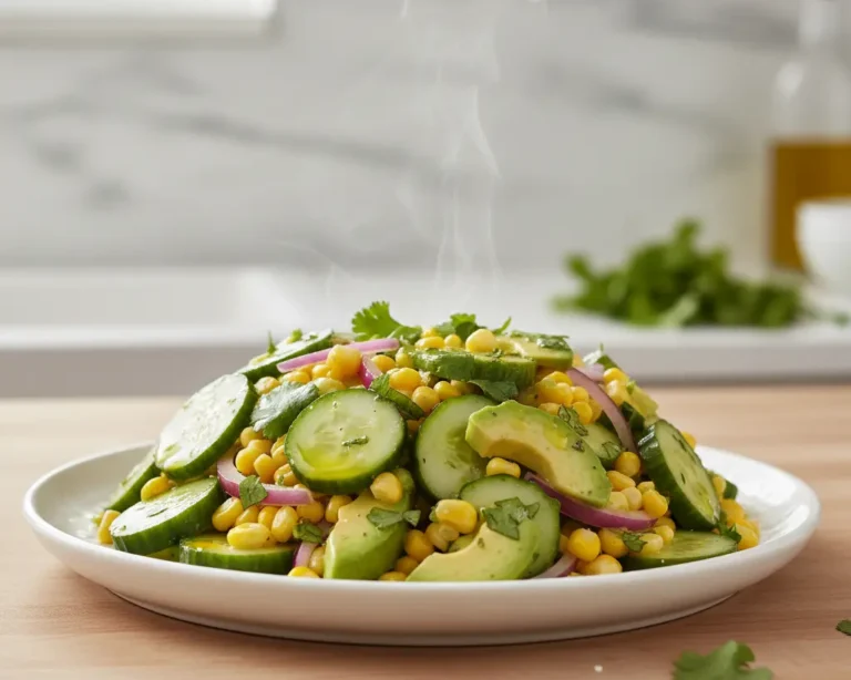 Beautiful plated Cucumber Avocado Corn Salad