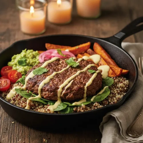 Final plated dish of Meal Prep Burger Bowls
