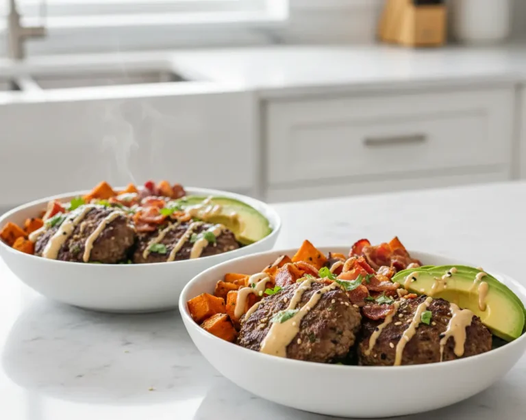 Beautiful plated Meal Prep Burger Bowls