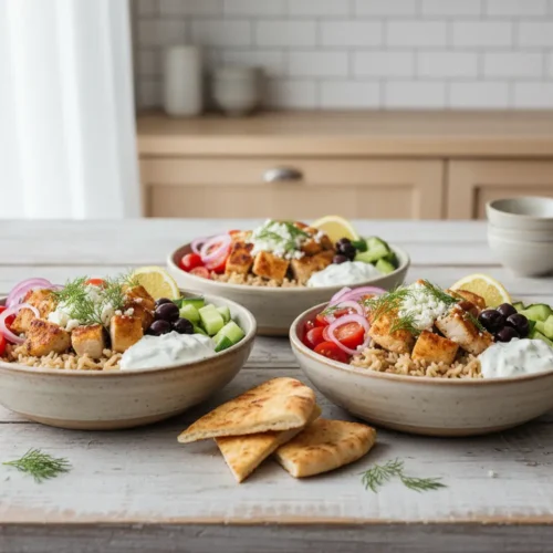 Beautiful plated 20-Minute Mediterranean Chicken Bowls