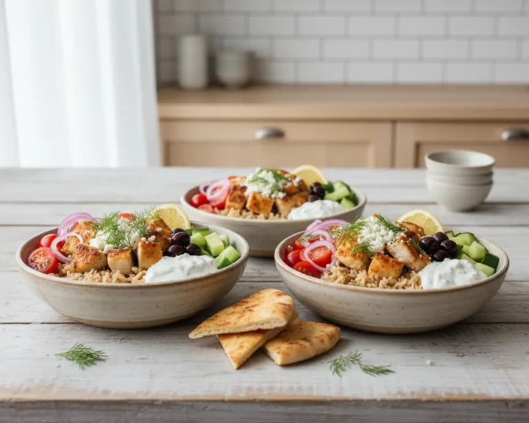 Beautiful plated 20-Minute Mediterranean Chicken Bowls