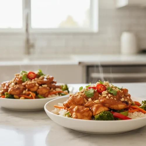 Beautiful plated 20-Minute Thai Peanut Chicken Bowls