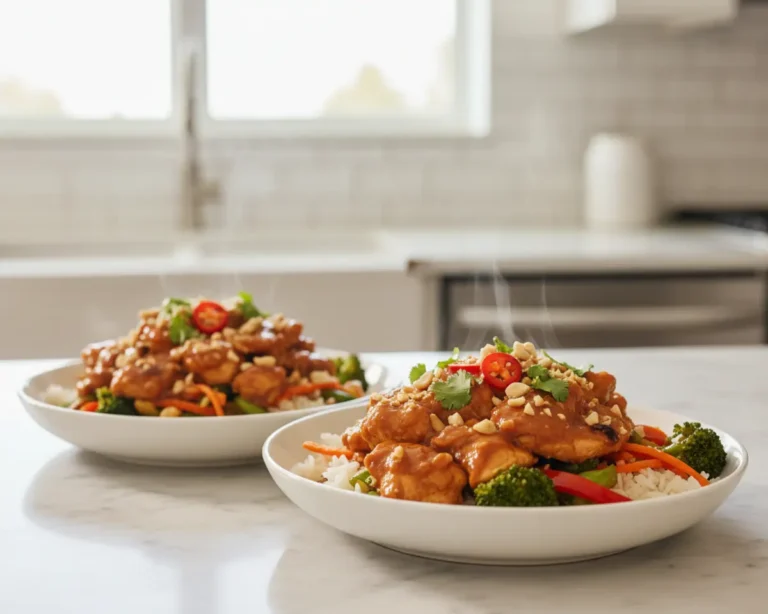 Beautiful plated 20-Minute Thai Peanut Chicken Bowls