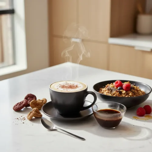 Beautiful plated Adaptogenic Four Mushroom Morning Coffee Ritual