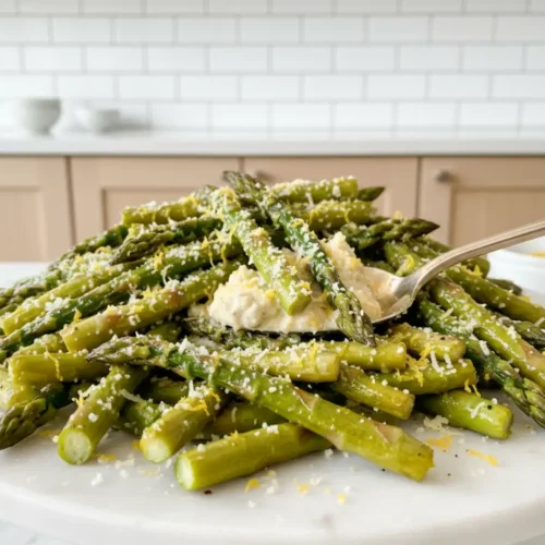 Beautiful plated Air Fryer Asparagus with Lemon Parmesan
