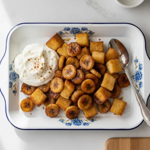 Beautiful plated Air Fryer Banana Foster Bites