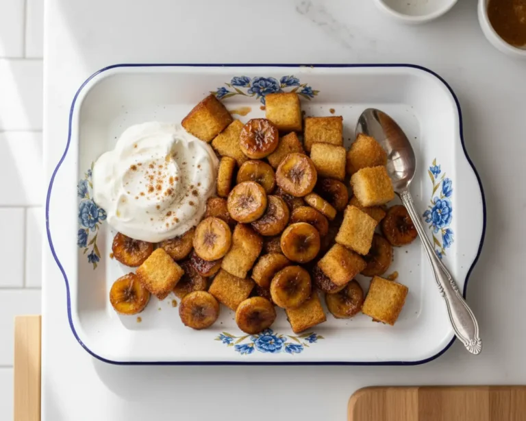 Beautiful plated Air Fryer Banana Foster Bites