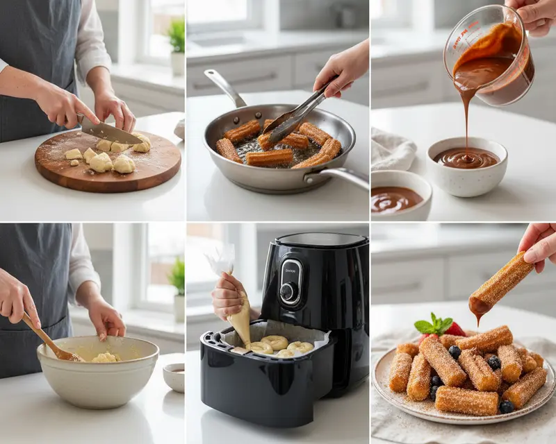 Air Fryer Churro Bites with Chocolate Sauce 3 cooking process