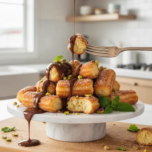 Beautiful plated Air Fryer Churro Bites with Chocolate Sauce