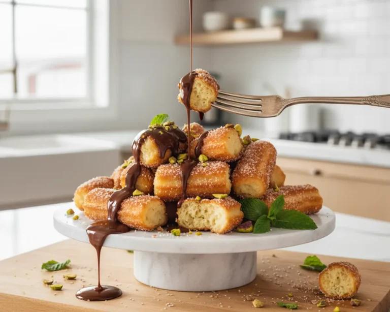 Beautiful plated Air Fryer Churro Bites with Chocolate Sauce