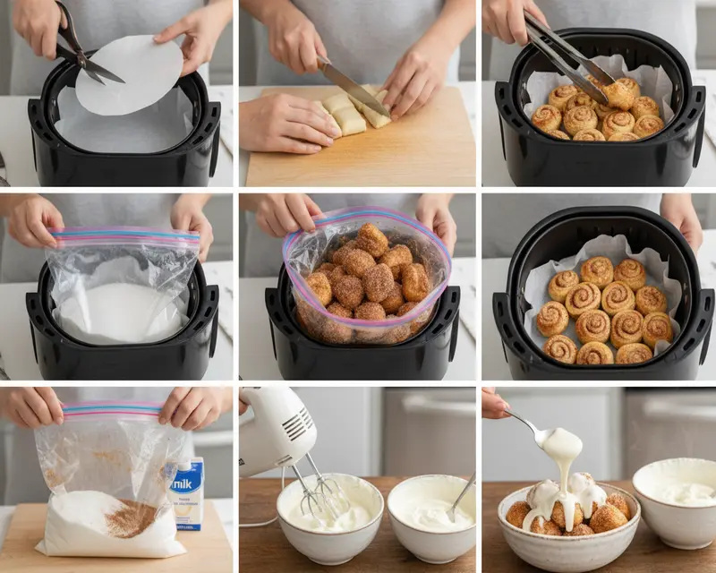 Air Fryer Cinnamon Roll Bites Recipe 3 cooking process