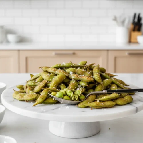 Beautiful plated Air Fryer Edamame with Sea Salt