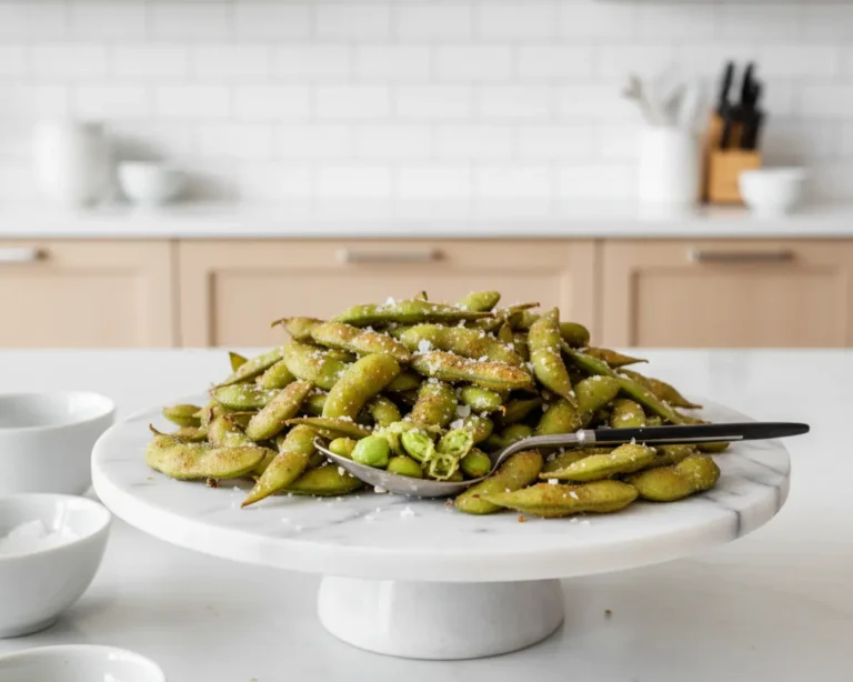 Beautiful plated Air Fryer Edamame with Sea Salt