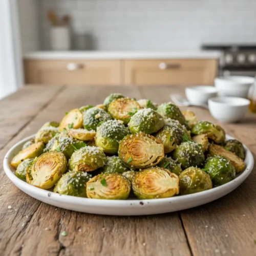 Beautiful plated Air Fryer Garlic Parmesan Brussels Sprouts