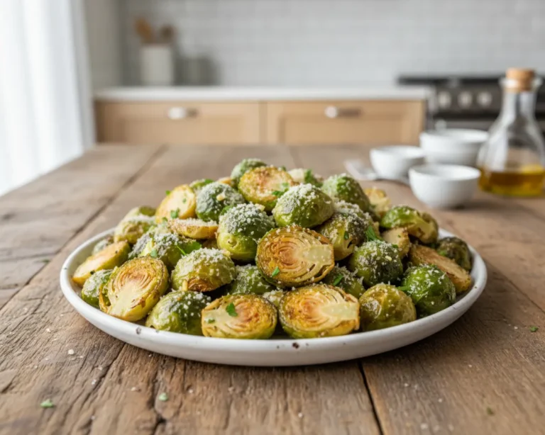 Beautiful plated Air Fryer Garlic Parmesan Brussels Sprouts