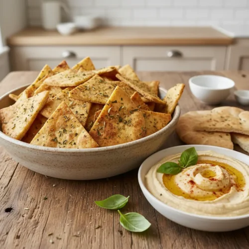 Beautiful plated Air Fryer Pita Chips with Hummus