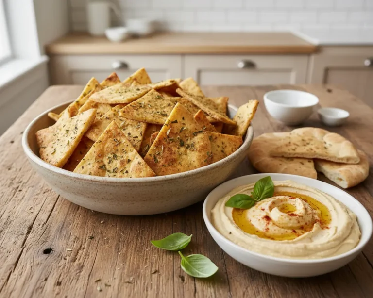 Beautiful plated Air Fryer Pita Chips with Hummus