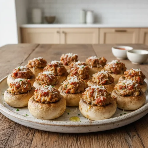 Beautiful plated Air Fryer Stuffed Mushrooms