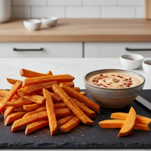 Beautiful plated Air Fryer Sweet Potato Fries with Chipotle Dip