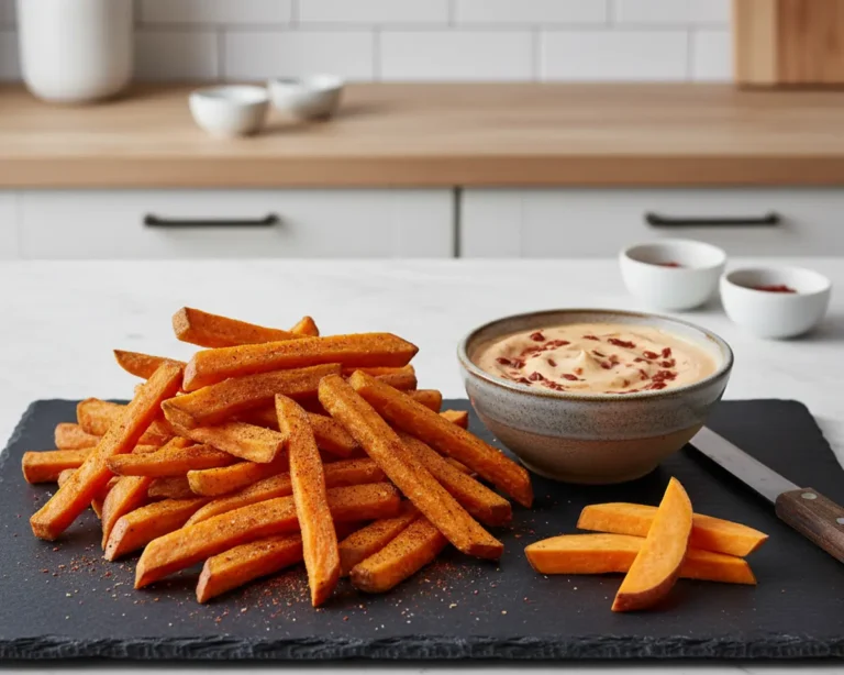 Beautiful plated Air Fryer Sweet Potato Fries with Chipotle Dip