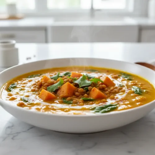 Beautiful plated Anti-Inflammatory Turmeric Lentil Healing Soup