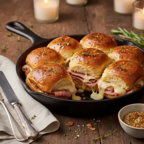 Baked Ham and Swiss Sliders Brunch Tray 2 Final plated dish of Baked Ham and Swiss Sliders Brunch Tray