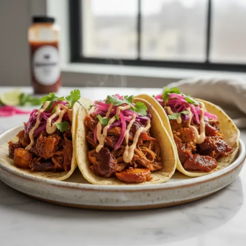 Beautiful plated Banana Peel Pulled BBQ Tacos